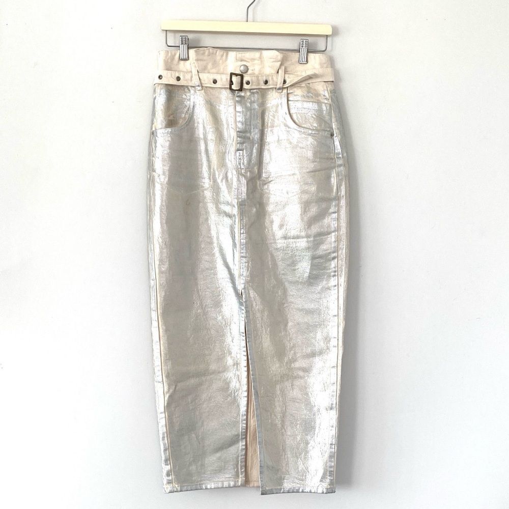 Zara metallic silver coated denim maxi skirt w/ belt Sz 28 Slid Pop Star Urban
